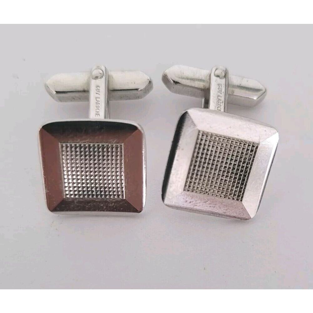 Guy Laroche Paris Silver Tone Logo Cufflinks Signed Square French Designer‎